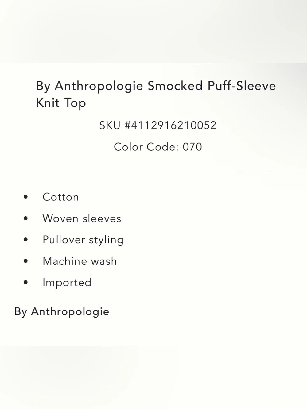 By Anthropologie Smocked Puff-Sleeve Smocked top, sz xs, euc
